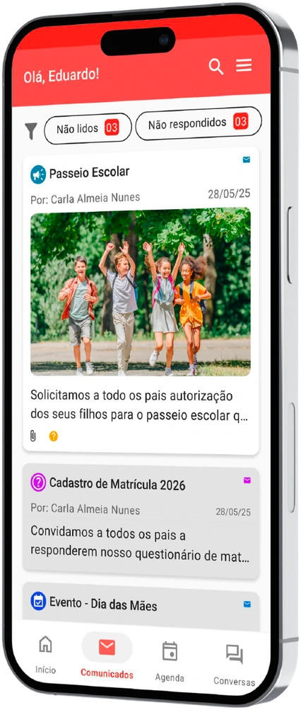 Interface da agenda digital personalizada para a rede de ensino