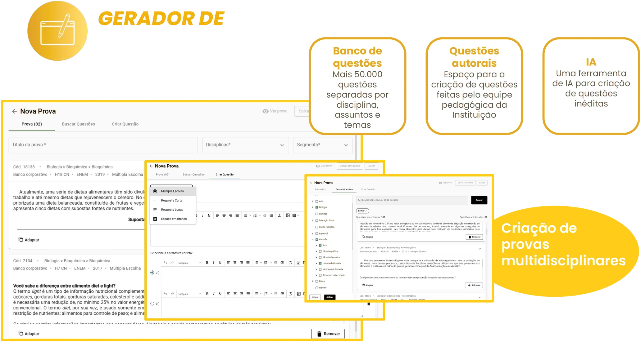 Interfaces do gerador de questões e da criação de provas