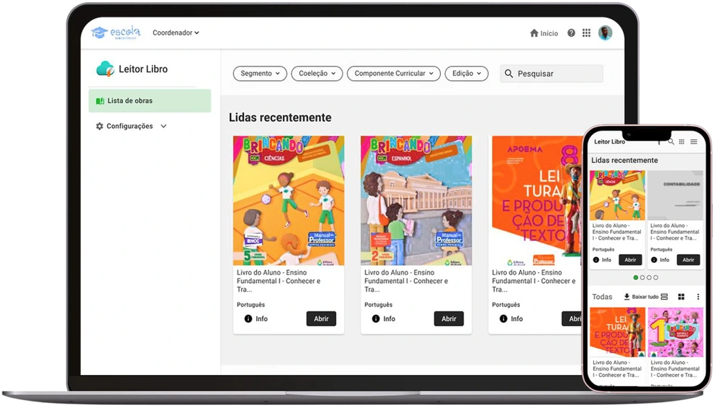 Biblioteca digital real exibida no computador e no celular